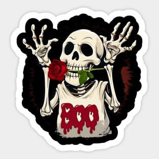 Funny Halloween Skeleton With a Red Rose In Its Mouth Sticker